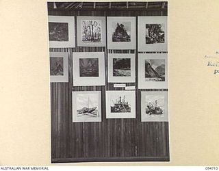 LAE AREA, NEW GUINEA. 1945-08-04. PRIZE WINNING ENTRIES IN THE WATER COLOUR SECTION AT THE ARTS AND CRAFTS EXHIBITION WHICH WAS HELD AT THE RED CROSS SOCIETY HUT, 2/7 GENERAL HOSPITAL. BOTH ..