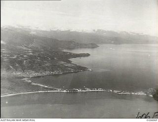 Salamaua, New Guinea. C. 1943. Aerial view of alighting area at Salamaua, facing north-west. (Compare OG0605C, OG0605N)