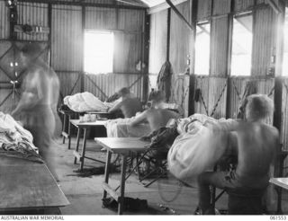 3 MILE, PORT MORESBY, NEW GUINEA. 1943-12-14. NX82290 CORPORAL K. J. WATSON (1) OF THE 1ST AUSTRALIAN PARACHUTE REFOLDING PLATOON, AUSTRALIAN ARMY ORDNANCE CORPS, INSPECTS A DAMAGED PARACHUTE ..