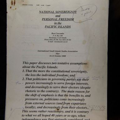 National Sovereignty and personal freedom in the Pacific Islands. International Small Islands Studies Association, Skye.