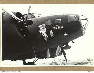 JACKSON'S DROME, PAPUA, NEW GUINEA. 1944-01-12. NOSE AND MOTORS OF THE UNITED STATES ARMY AIR CORPS FLYING FORTRESS SHOWING NAME "THE OLD MAN" NO. 124403