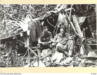 1943-08-14. NEW GUINEA. MOUNT TAMBU FIGHTING. ON THIS FORWARD BASE FOR SUPPLIES THE SUN HAS NEVER BEEN KNOWN TO SHINE AND GENERALLY A LIGHT MISTY RAIN IS FALLING. IN CHARGE OF THE BASE ARE WARRANT ..