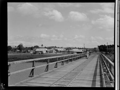 Part one of a two part panorama showing the river and bridge at Labasa, Fiji