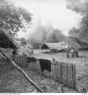 1942-12-17. PAPUA. GONA TRACK. REGIMENTAL AID POSTS ERECTED BY NATIVES ON THE TRACK TO GONA. SMOKE IN BACKGROUND IS FROM CAMP FIRES. (NEGATIVE BY BOTTOMLEY)