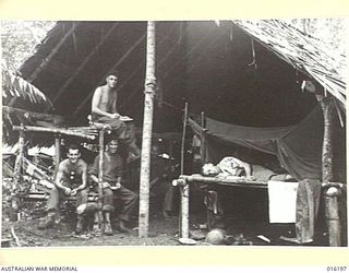 Finschhafen Area, New Guinea. c. 1943-12. Australian troops relaxing in their jungle hut