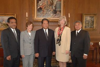 Marshall Islands President Kessai Note, third from left, visiting Department of Interior headquarters for meeting with Secretary Gale Norton