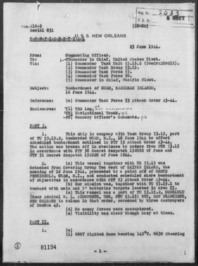 USS NEW ORLEANS - Report of Bombardment of Guam Island, Marianas 6/16/44
