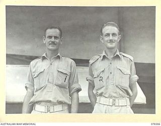 SIPAAI, BOUGAINVILLE ISLAND. 1945-01-08. PERMIT PHOTOGRAPH TAKEN FOR THE 29TH FIELD SECURITY SECTION. SEEN ARE:- VX100690 SERGEANT B.P. KING (1); NX89790 LANCE CORPORAL J.S. PIGGOTT (2)