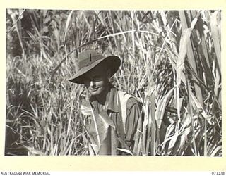 ALEXISHAFEN, NEW GUINEA. 1944-05-17. N185501 PRIVATE N. STEER (1), OF NO. 14 PLATOON, C COMPANY, 35TH INFANTRY BATTALION, MOVES THROUGH THE JUNGLE WITH AN OWEN GUN WHILE ACTING AS A FORWARD SCOUT ..