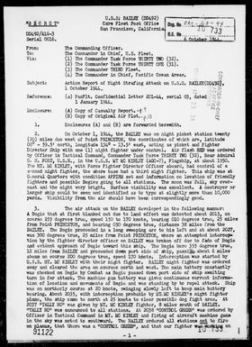 USS BAILEY - Rep of night Strafing Attack & AA Act on 10/1/44 off Angaur Is, Palau Is