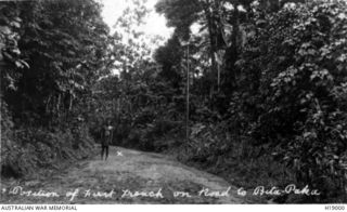 RABAUL, NEW BRITAIN. C. 1914. THE CROSS BESIDE THE LOCAL NATIVE MARKS THE PLACE WHERE THE FIRST DEFENSIVE TRENCH ON THE ROAD TO THE BITAPAKA WIRELESS STATION WAS TO BE BUILT. THE BITAPAKA STATION ..