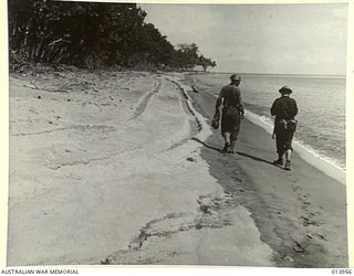 1942-12-28. PAPUA. PICTURE SHOWS TANK TRACKS ON THE BEACH AT CAPE ENDAIADAIRE
