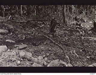 BULLDOG-WAU ROAD, NEW GUINEA, 1943-07-10. THE TRACK PETERS OUT AT 11 MILE POINT AND FROM HERE ON IS ONLY PASSABLE TO TRACTORS AT THIS STAGE OF CONSTRUCTION