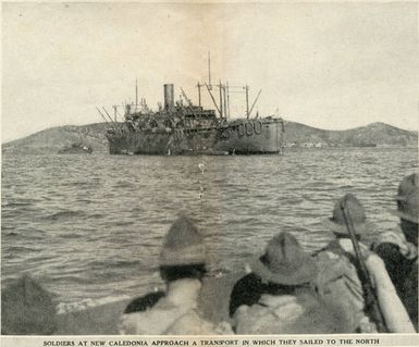 Soldiers at New Caledonia approach a transport in which they sailed to the north