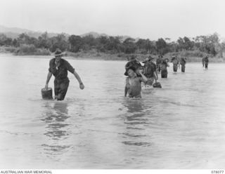 DANMAP RIVER AREA, NEW GUINEA. 1944-12-31. PERSONNEL OF BATTALION HEADQUARTERS, 2/11TH INFANTRY BATTALION CARRYING SUPPLIES ACROSS THE RIVER. IDENTIFIED PERSONNEL ARE:- SERGEANT MILLSTEED (1); ..