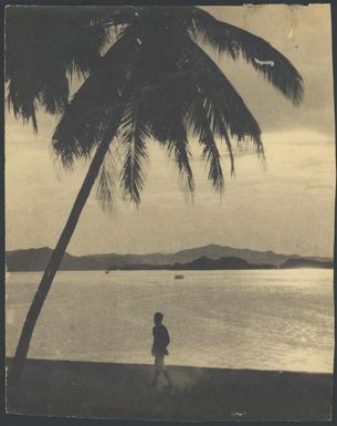 Man walking along Samarai Beach, New Guinea, 1932 / Sarah Chinnery