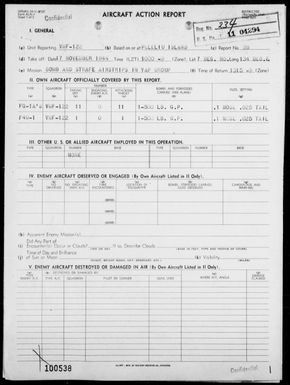 VMF-122 - ACA Rep #28 - Bombing & Strafing Gagil-Tomil & Yap Airstrips, Yap Is, Carolines 11/17/44