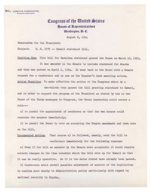 Memorandum, Mrs. Joseph (Elizabeth P.) Farrington to President Dwight D. Eisenhower Regarding Hawaii Statehood Bill
