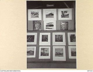 LAE, NEW GUINEA. 1945-09-11. AN EXHIBITION OF WORKS BY MEMBERS OF THE LAE ART GROUP AT THE CHARING CROSS EDUCATION CENTRE, ARRANGED BY THE AUSTRALIAN ARMY EDUCATION SERVICE. THE EXHIBITS INCLUDED ..