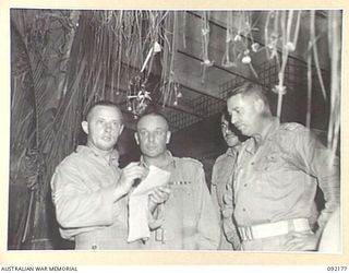 TOROKINA, BOUGAINVILLE. 1945-05-12. BRIGADIER J. FIELD, COMMANDER 7 INFANTRY BRIGADE (2), LIEUTENANT COLONEL J. MCKINNA, 25 INFANTRY BATTALION (3), AND LIEUTENANT COLONEL J.M. BLAIR, 11 FIELD ..