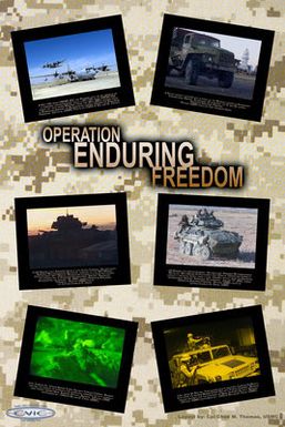 Artwork: A poster depicting US Marine Corps (USMC) activities conducted in support of Operation ENDURING FREEDOM (OEF). Illustrated by USMC, Corporal (CPL) Chad M. Thomas, Combat Visual Information Center, Marine Corps Base (CMB), Hawaii (HI)