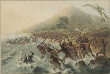 The massacre of the lamented missionary the Rev. J. Williams and Mr Harris / printed in oil colours [by] the patentee G. Baxter