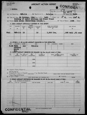 VMF-114 - ACA Form Rep #4-44 - Rep of Bombing Radio Stations & Power Plant on Babelthuap Is, Palau Is, 10/26/44