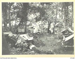 DUMPU, RAMU VALLEY, NEW GUINEA, 1944-02-11. 57/60TH INFANTRY BATTALION CAMP AREA VIEWED OVER "B" COMPANY AND COMPANY HEADQUARTERS