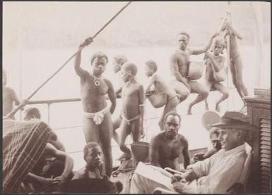 Bishop Wilson with Vella Lavella people on the Southern Cross, Solomon Islands, 1906, 1 / J.W. Beattie