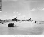 Steel towers and tent on Amen Island used for automatic cameras during Operation Crossroads, 1947