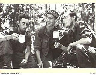 1943-09-15. NEW GUINEA. GOODVIEW JUNCTION. THREE MEMBERS OF AN A.I.F. UNIT WHICH ON PATROL AT KOMIATUM KILLED EIGHTEEN JAPANESE. LEFT TO RIGHT: CORPORAL CHARLES WILSON, OF COLLINGWOOD, VIC, PRIVATE ..