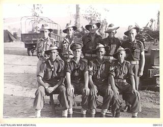 TOROKINA AREA, BOUGAINVILLE. 1944-12-11. OFFICERS AND NCOS OF THE 126 BRIGADE ORDNANCE FIELD PARK. IDENTIFIED PERSONNEL ARE:- WARRANT OFFICER II, W.S. TINDALE, (1); CAPTAIN J.E. KNOX, (2); SERGEANT ..