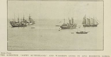 The schooner 'Sophie Sutherland' and warships lying in Apia Harbour, Samoa