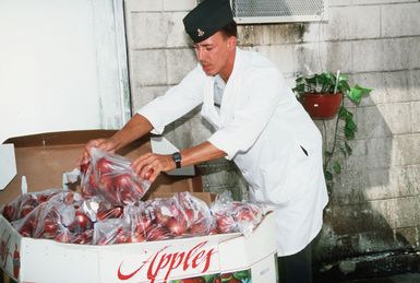 SGT. Timothy R. Scuscka of the US Army Veterinary Services Unit inspects all types of fresh fruit and produce that is delivered to the Naval Commissary on Guam. Here he is checking a shipment of apples