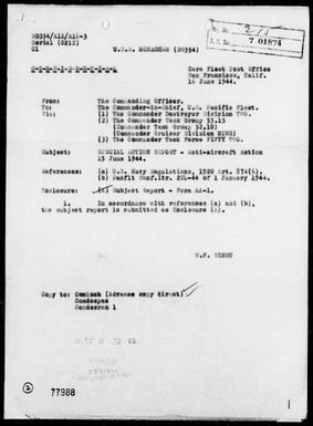 USS MONGHAN - AA Act Rep, 6/15/44, off Saipan Is, Marianas