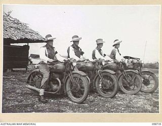 CAPE WOM, NEW GUINEA. 1945-11-14. THE 6 DIVISION PROVOST COMPANY MOTORCYCLE WING. THIS SECTION CARRIES OUT PATROL WORK, TRAFFIC CONTROL AND ESCORTS SENIOR ARMY OFFICERS WHO VISIT THE AREA