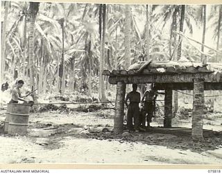 SIAR, NEW GUINEA. 1944-09-11. TROOPS OF THE 113TH BRIGADE WORKSHOP, PUMPING WATER FROM A WELL SUNK IN THE NEW CAMP AREA. IDENTIFIED PERSONNEL ARE:- VX109830 PRIVATE E.G. DAVIS (1)