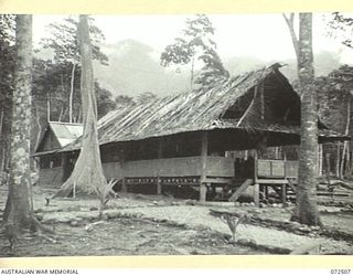 GOODENOUGH ISLAND, NEW GUINEA. 1944-04-22. THE AUSTRALIAN NEW GUINEA ADMINISTRATIVE UNIT (ANGAU) OTHER RANKS' RECREATION HUT BUILT AT THE HEADQUARTERS OF THE DISTRICT OFFICER