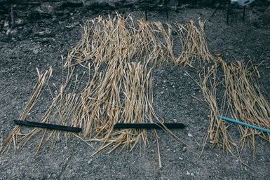 Drying pandanus leaves for weaving, Fakaofo, Tokelau