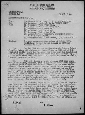 USS Virgo - Comments concerning ops preliminary to & during assault on Guam Is, Marianas, 5/10/44 - 7/27/44