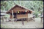 House decorated with balloons, children playing