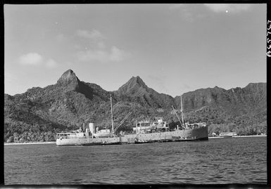 The ship Maui Pomare, and lighters, Rarotonga, Cook Islands