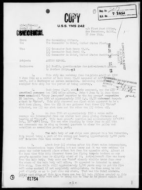 USS YMS-242 - AA Action Report, 6/17/44 – Southeast of Saipan Island, Marianas