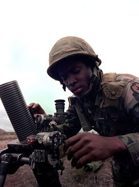 SPECIALIST Fourth Class J. D. Nolen of Bravo Company, 1ST Battalion, 35th Infantry, 25th Infantry Division, looks through the M-53 sight on an 81 mm mortar prior to a live fire training exercise