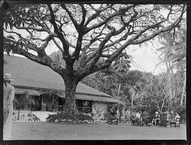 Unidentified RNZAF men and women in a hotel garden, Rarotonga, Cook Islands, includes women seated in a group circle near a large tree