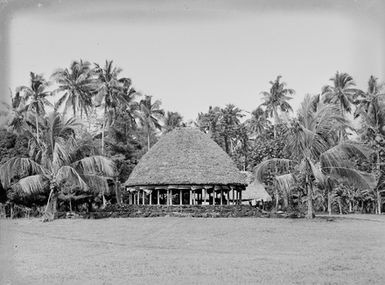 [Pacific Island view with fale and Palm trees]