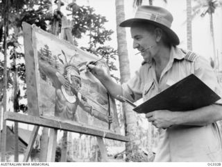 MADANG, NEW GUINEA. 1945-03-27. 26667 FLIGHT LIEUTENANT W. B. BENNETT RAAF, OF SYDNEY, NSW, AN ARTIST, MAKES THE MOST OF HIS LEISURE HOURS IN NEW GUINEA BY PAINTING NATIVE LANDSCAPES. HE IS WORKING ..