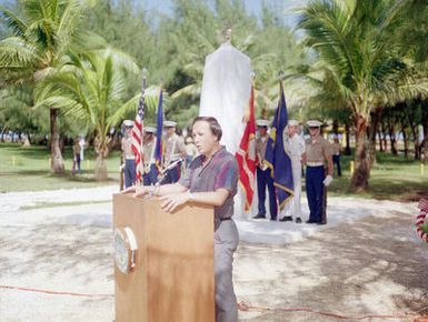 Mr. Carl T. C. Gutierrez, speaker of the 17th Guam Legislature, speaks at the Congressional Medal of Honor Monument dedication ceremony. The monument was erected to honor four Marines for heroism during World War II. They are Captain Louis Wilson, Jr., Private First Class (PFC) Leonard Mason, PFC Luther Skaggs and PFC Frank Witek