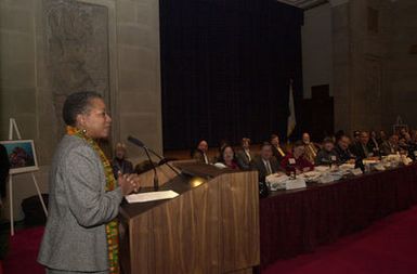 U.S. Virgin Islands Delegate to Congress, Donna Christensen, speaking at meeting of the U.S. Coral Reef Task Force in Washington, D.C. Christensen was among officials from 7 states and territories, 12 federal agencies, as well as the Marshall Islands, Micronesia, and Palau, discussing projects to improve conservation and management of coral reefs, international trade issues, and other matters