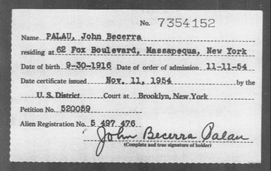 PALAU, John Becerra - Born: 1916, Naturalized: 1954
